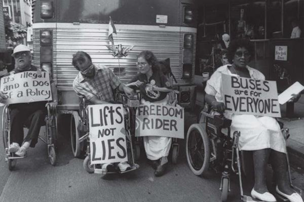 1970’s Protests for Accessible Buses - 4 people in wheelchairs block bus